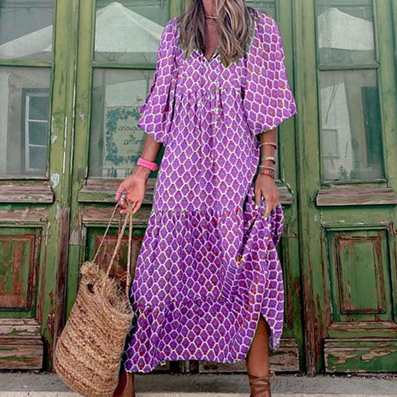 Summer Women's Vintage Printed Bohemian Dress Elegant Ladies Casual Loose V-Neck Short Sleeve Long Dresses