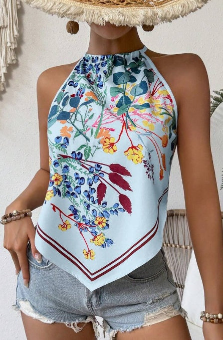 Printed Notched Neck Sleeveless Tank Top